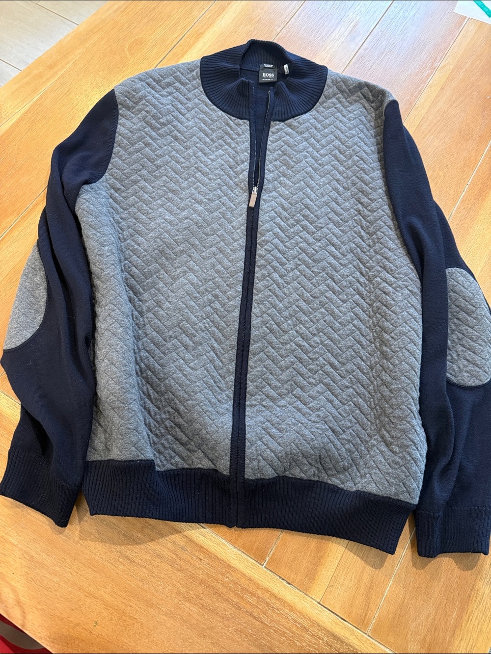 BOSS Men's Gray Quilted Front with Navy Zip-Up Sweater